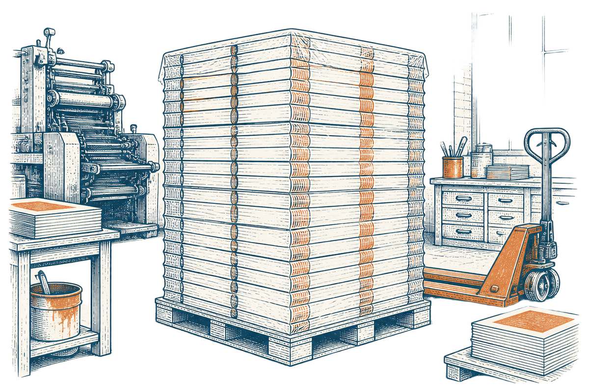 Khối sách của đợt in đầu tiên xếp trên pallet trong xưởng in